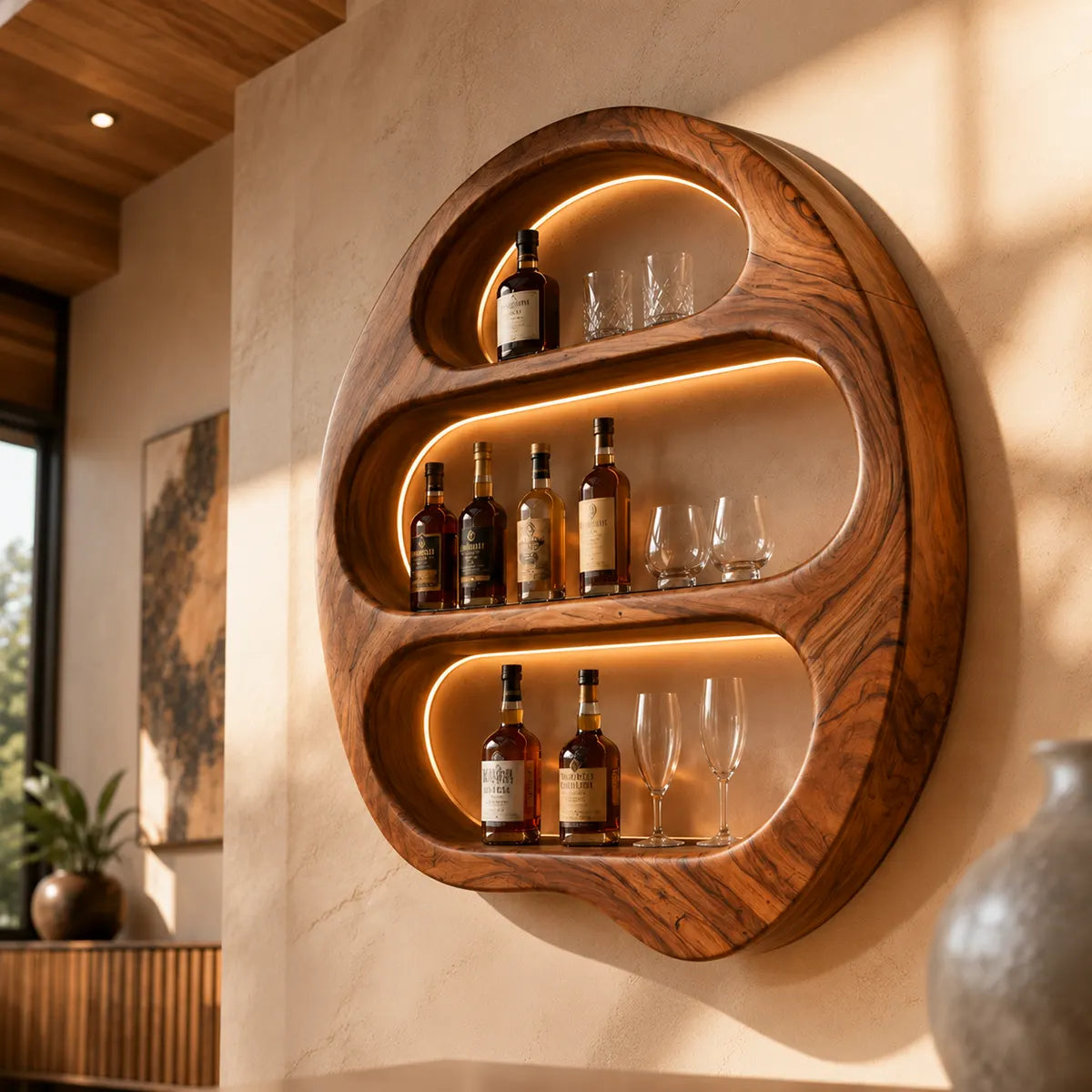 Sculptural Solid Wood Wall Wine Holder for Home Bars, Dining Rooms TT006-9525