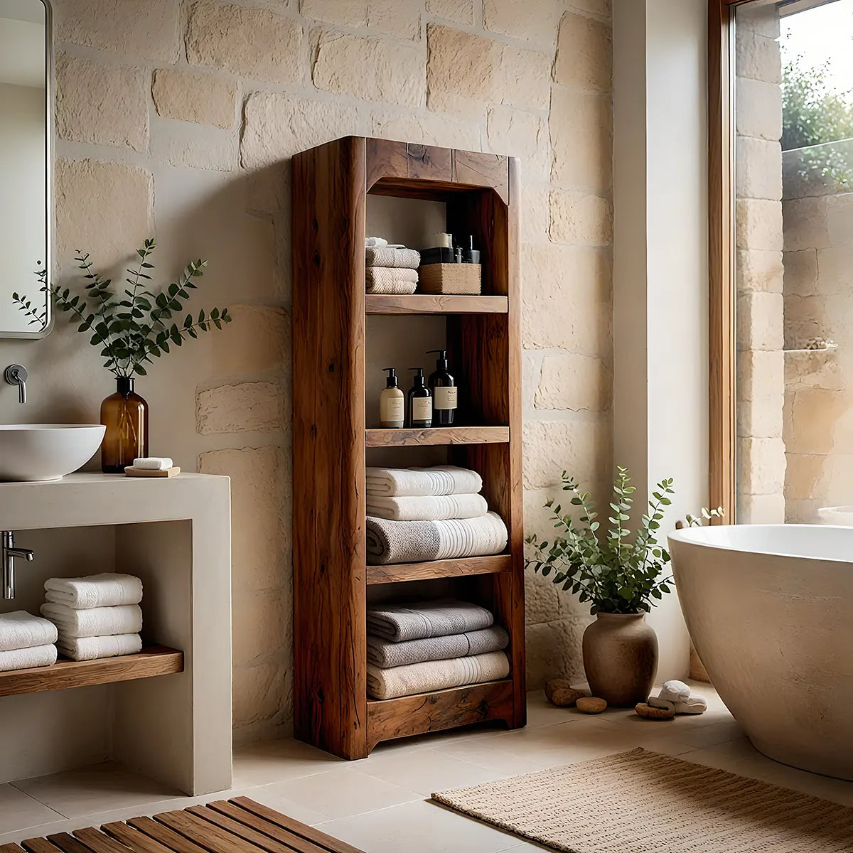 Tall Solid Wood Open Shelf Bathroom Storage Cabinet