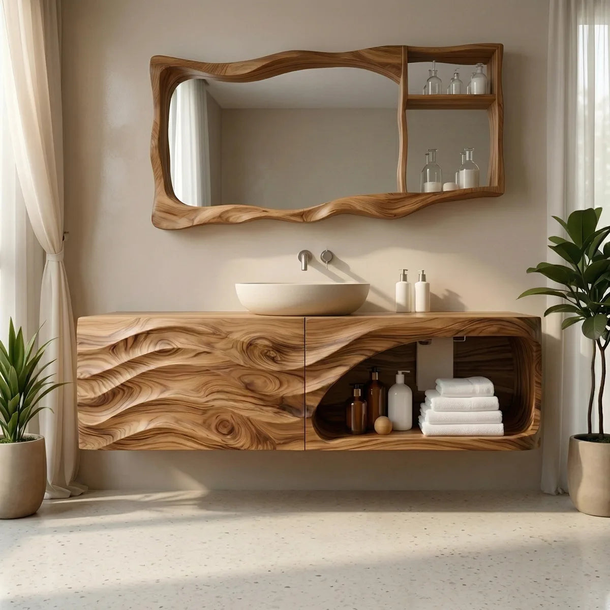 Floating Solid Wood Bathroom Vanity with Sculpted Wave Front and Open Shelf