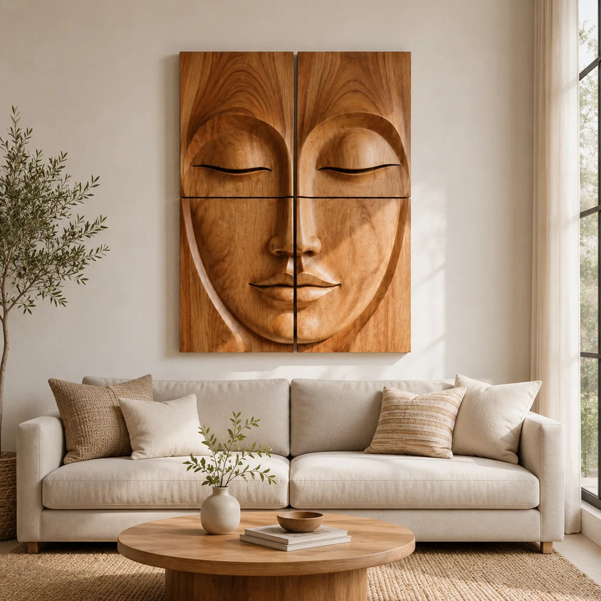 Zen Wooden Buddha Face Wall Art | Large 4 Panel Wood Wall Sculpture TT006-7173