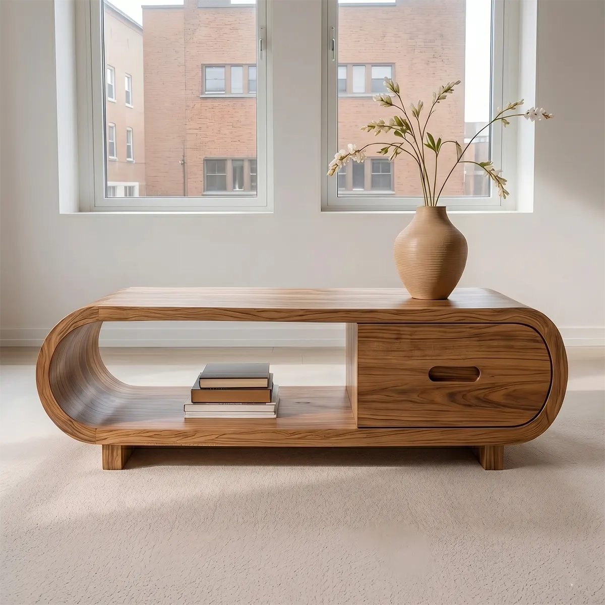 Handcrafted Solid Wood Coffee Table with Oval Silhouette and Storage Drawer