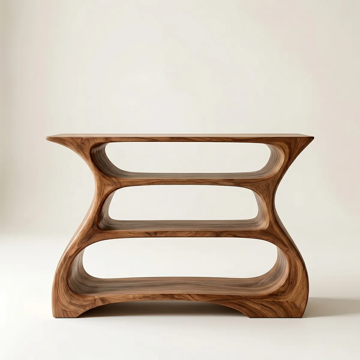 Solid Wood Record Player Stand, Modern Curved Turntable Cabinet with Vinyl Storage