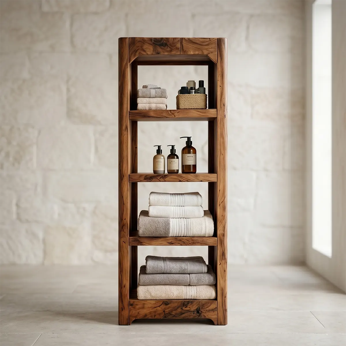 Tall Solid Wood Open Shelf Bathroom Storage Cabinet