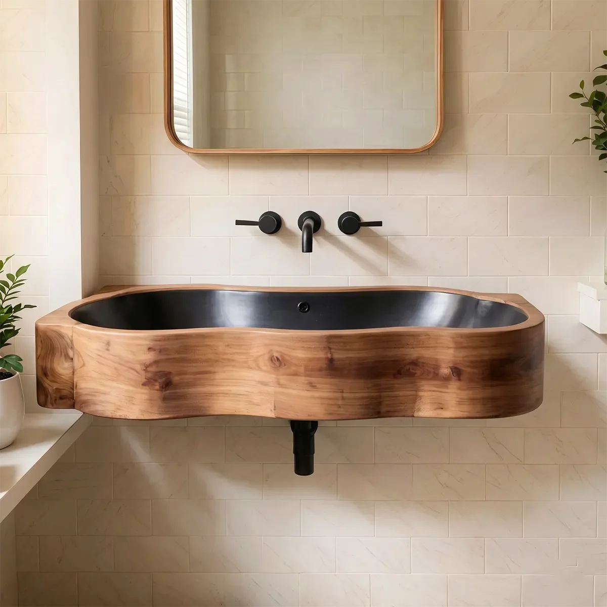 Asymmetrical Floating Bathroom Sink | Deep Integrated Basin with Curved Profile TT006-3CBC6LX