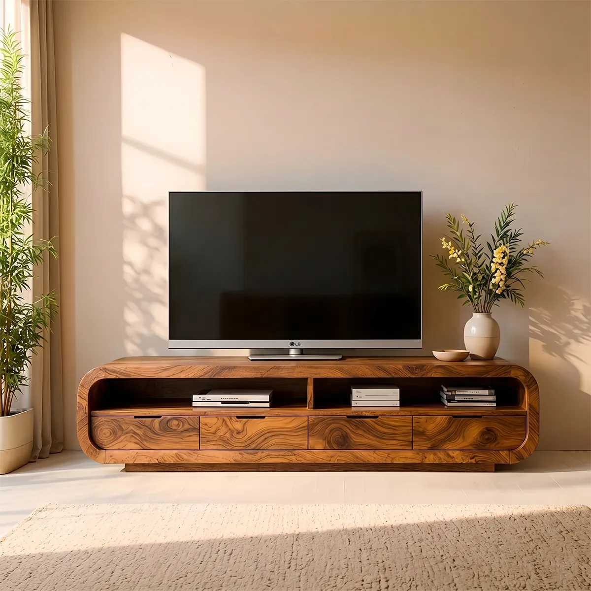 Modern Solid Wood Rounded TV Stand with Drawers
