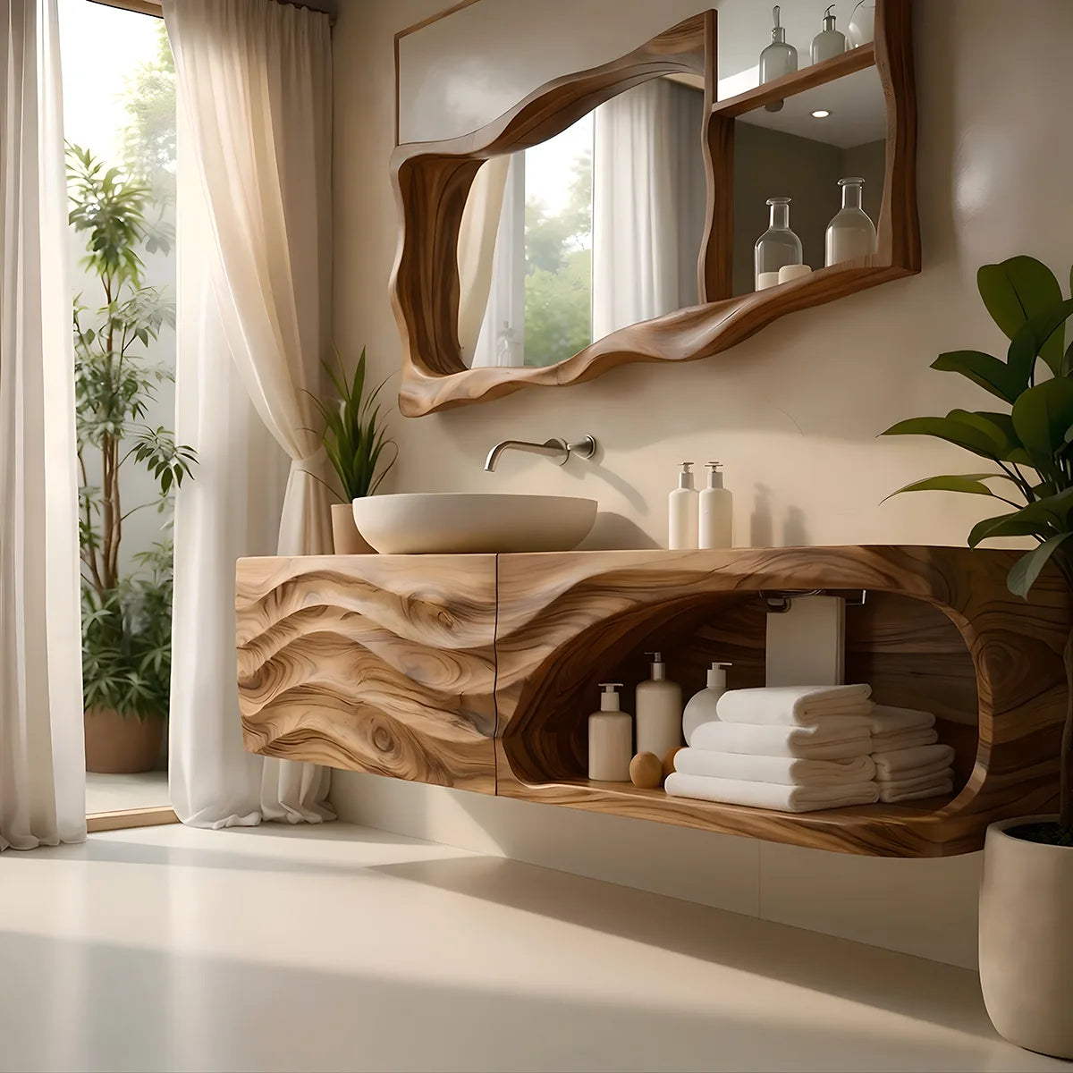 Floating Solid Wood Bathroom Vanity with Sculpted Wave Front and Open Shelf