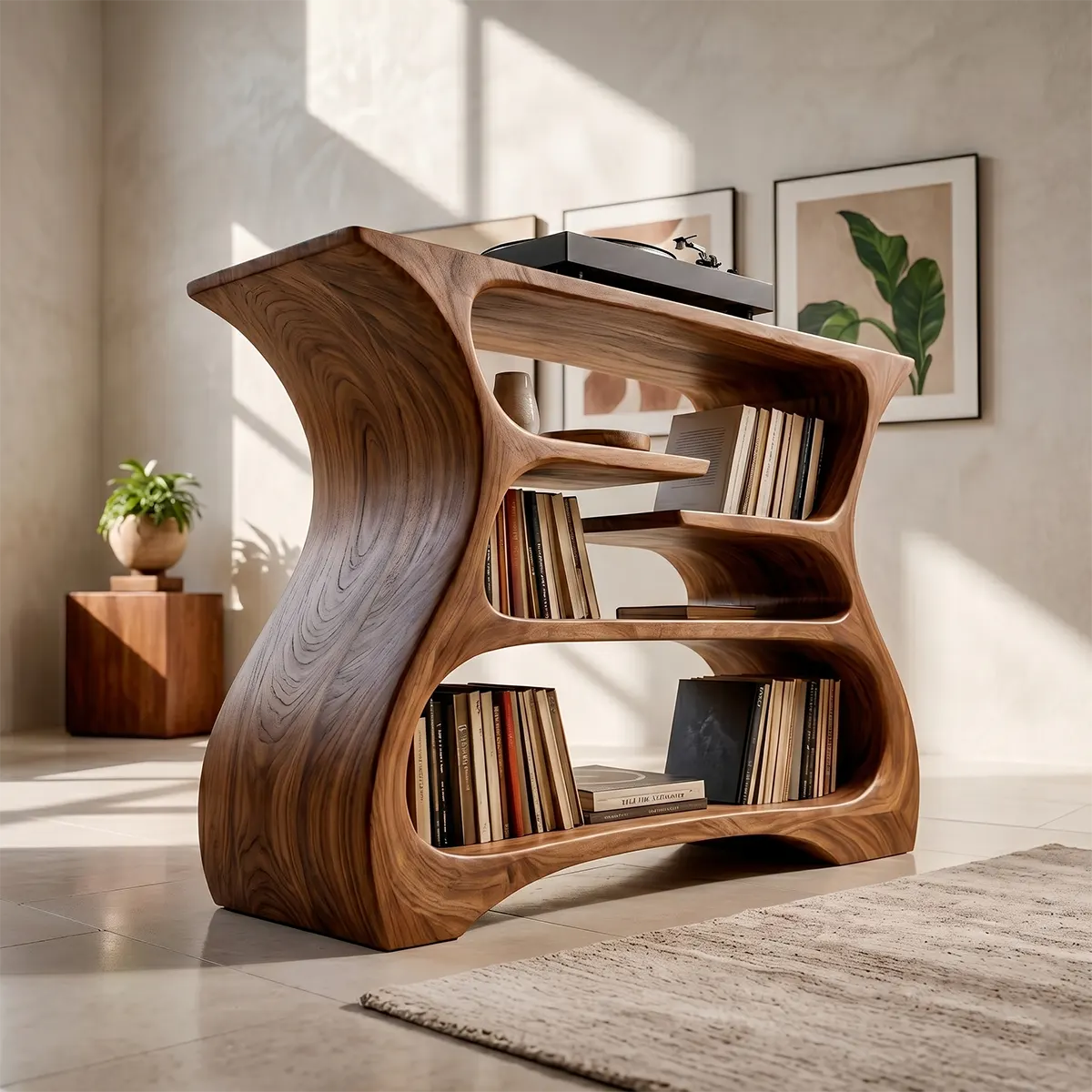 Solid Wood Record Player Stand, Modern Curved Turntable Cabinet with Vinyl Storage