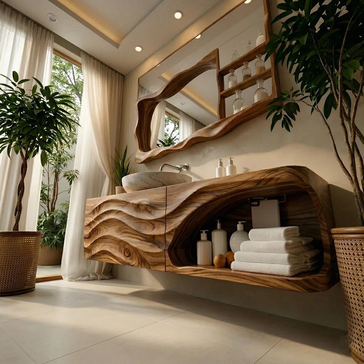 Floating Solid Wood Bathroom Vanity with Sculpted Wave Front and Open Shelf