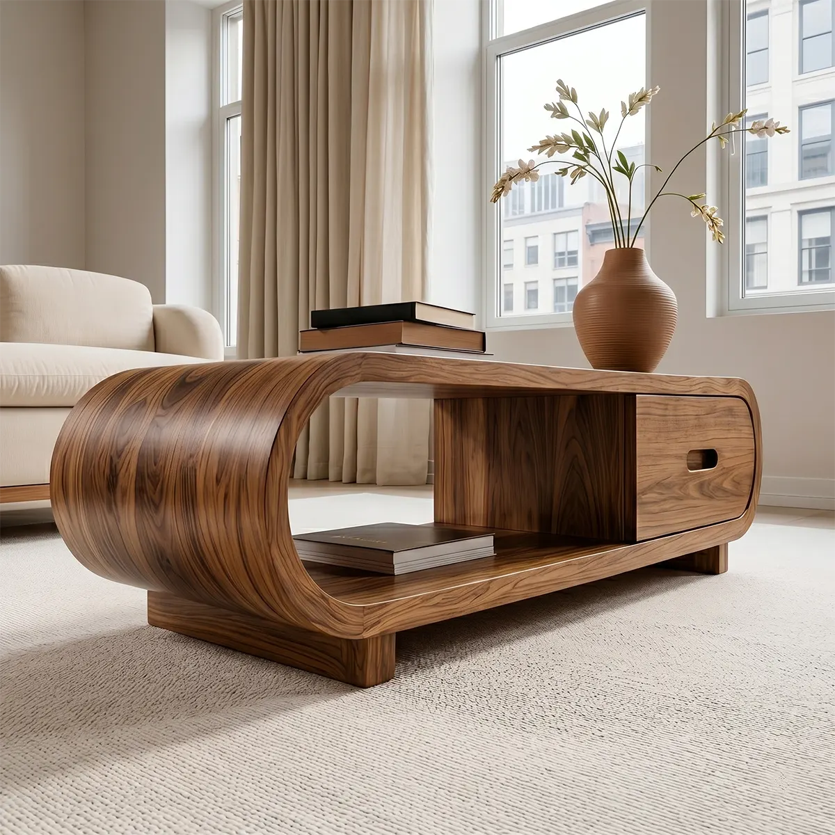 Handcrafted Solid Wood Coffee Table with Oval Silhouette and Storage Drawer