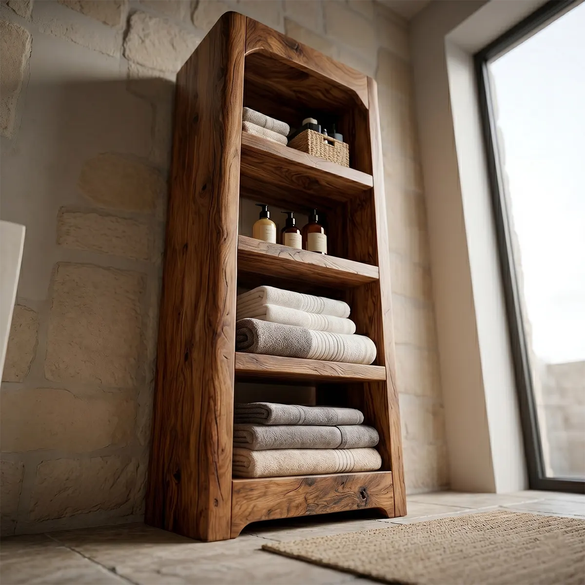 Tall Solid Wood Open Shelf Bathroom Storage Cabinet