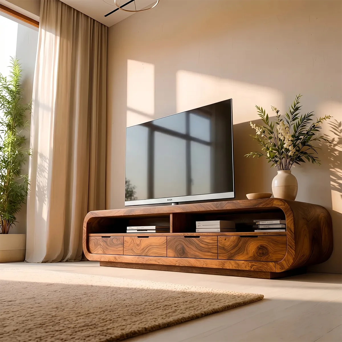 Modern Solid Wood Rounded TV Stand with Drawers