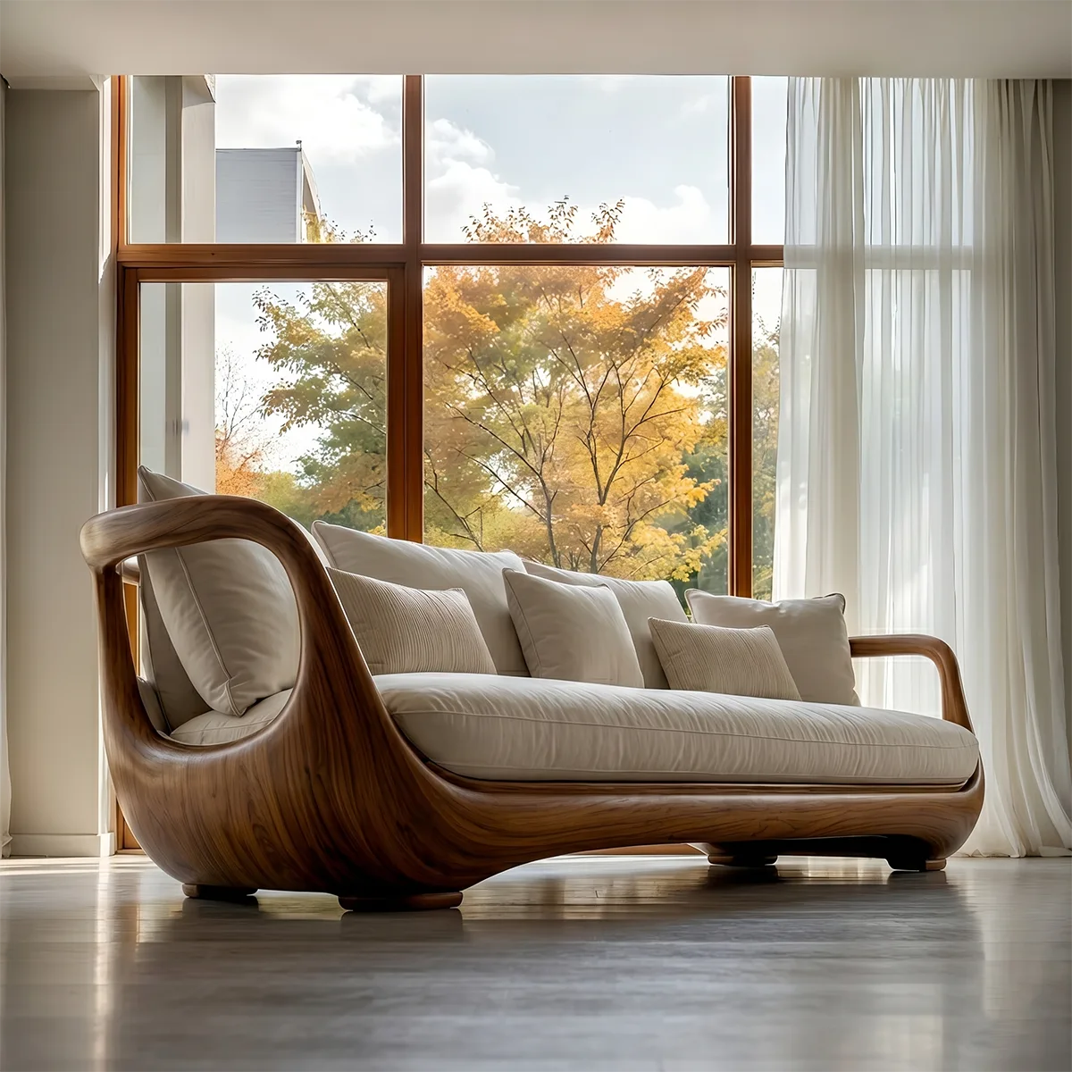 Luxury Organic Modern Curved Solid Wood Sofa with Sculptural Design