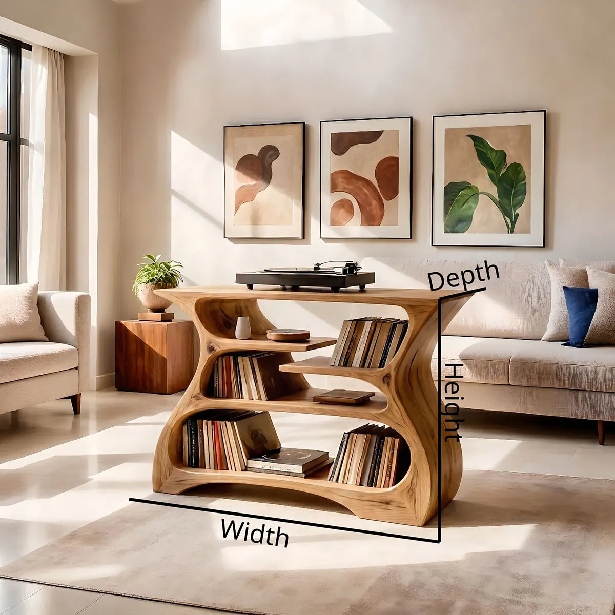 Solid Wood Record Player Stand, Modern Curved Turntable Cabinet with Vinyl Storage