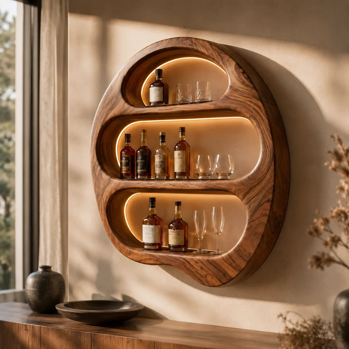 Sculptural Solid Wood Wall Wine Holder for Home Bars, Dining Rooms TT006-9525