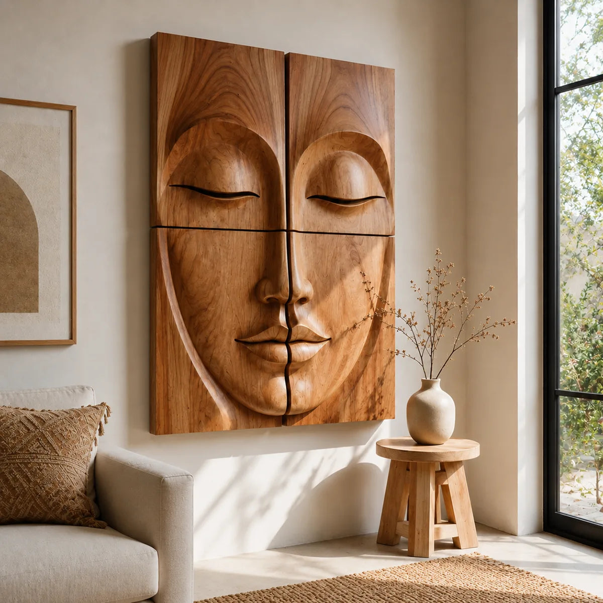Zen Wooden Buddha Face Wall Art | Large 4 Panel Wood Wall Sculpture TT006-7173