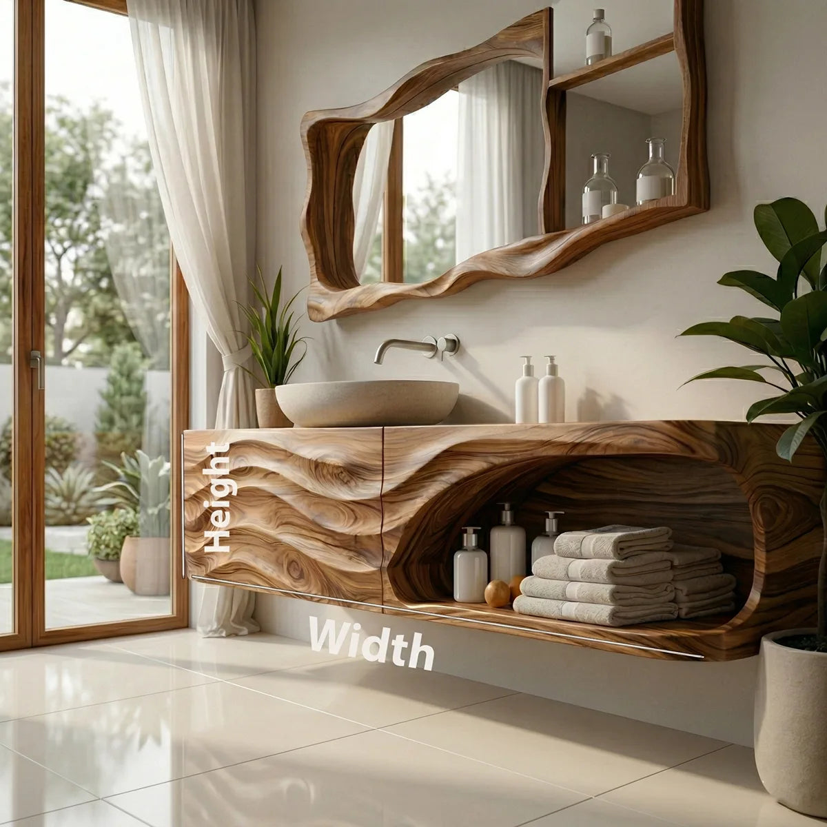 Floating Solid Wood Bathroom Vanity with Sculpted Wave Front and Open Shelf