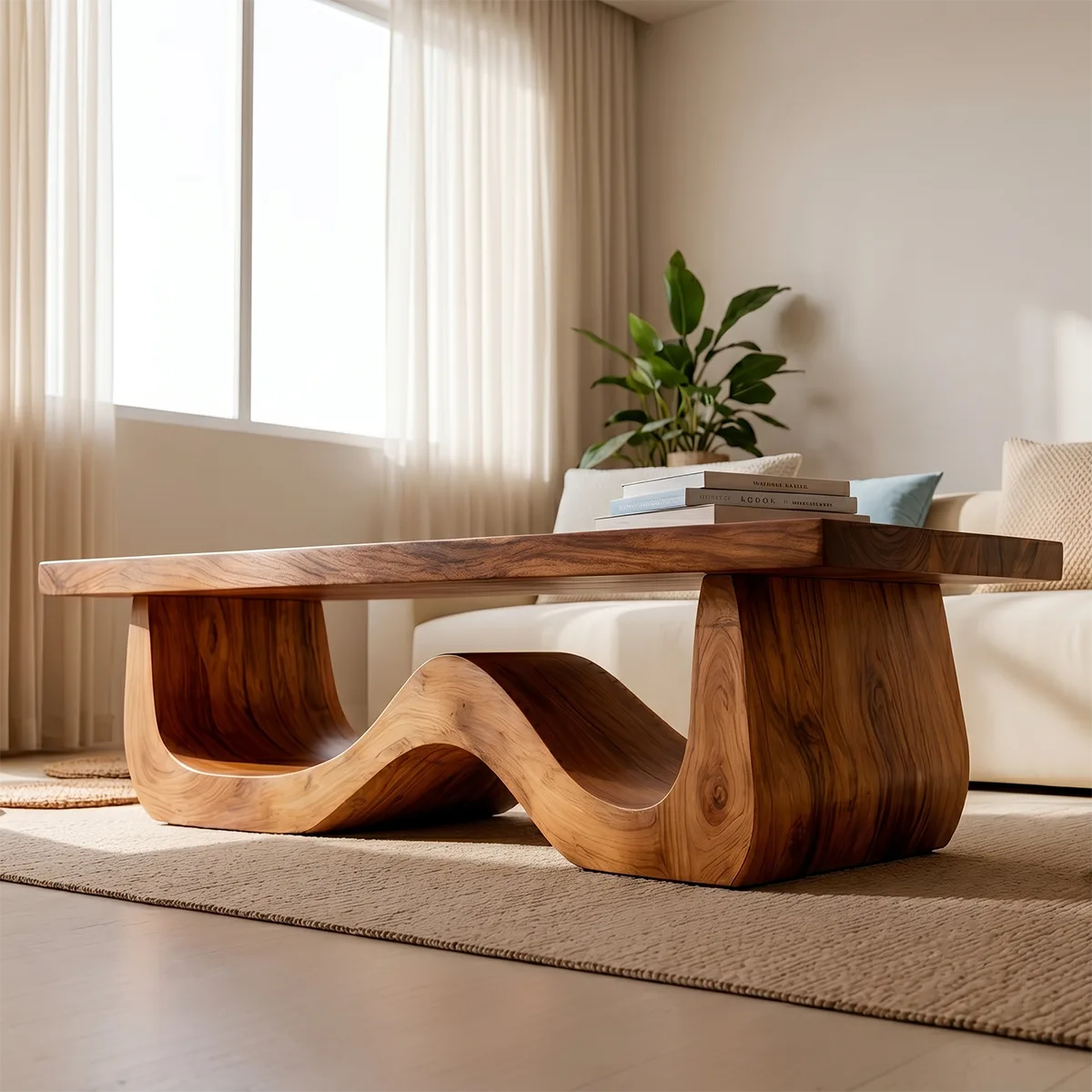 Sculptural Solid Wood Coffee Table – Handcrafted Modern Wave Base Table