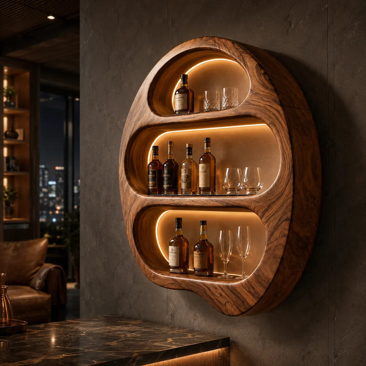 Sculptural Solid Wood Wall Wine Holder for Home Bars, Dining Rooms TT006-9525