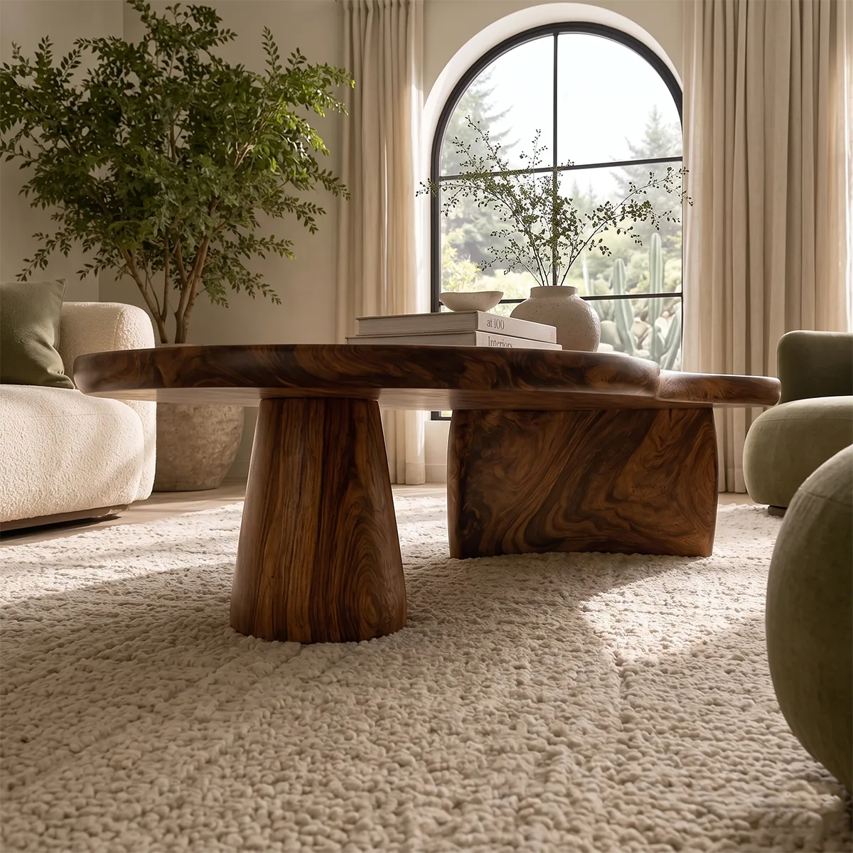 Organic Solid Wood Coffee Table | Freeform Hardwood Coffee Table with Sculptural Pedestal Base TT006-7466