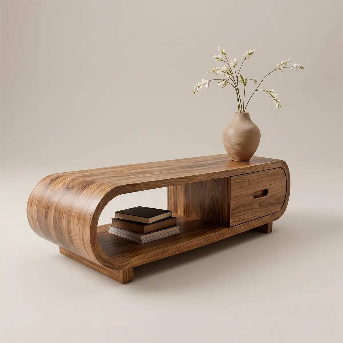 Handcrafted Solid Wood Coffee Table with Oval Silhouette and Storage Drawer