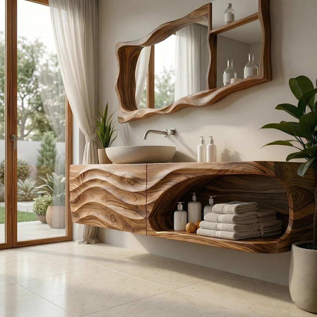 Floating Solid Wood Bathroom Vanity with Sculpted Wave Front and Open Shelf