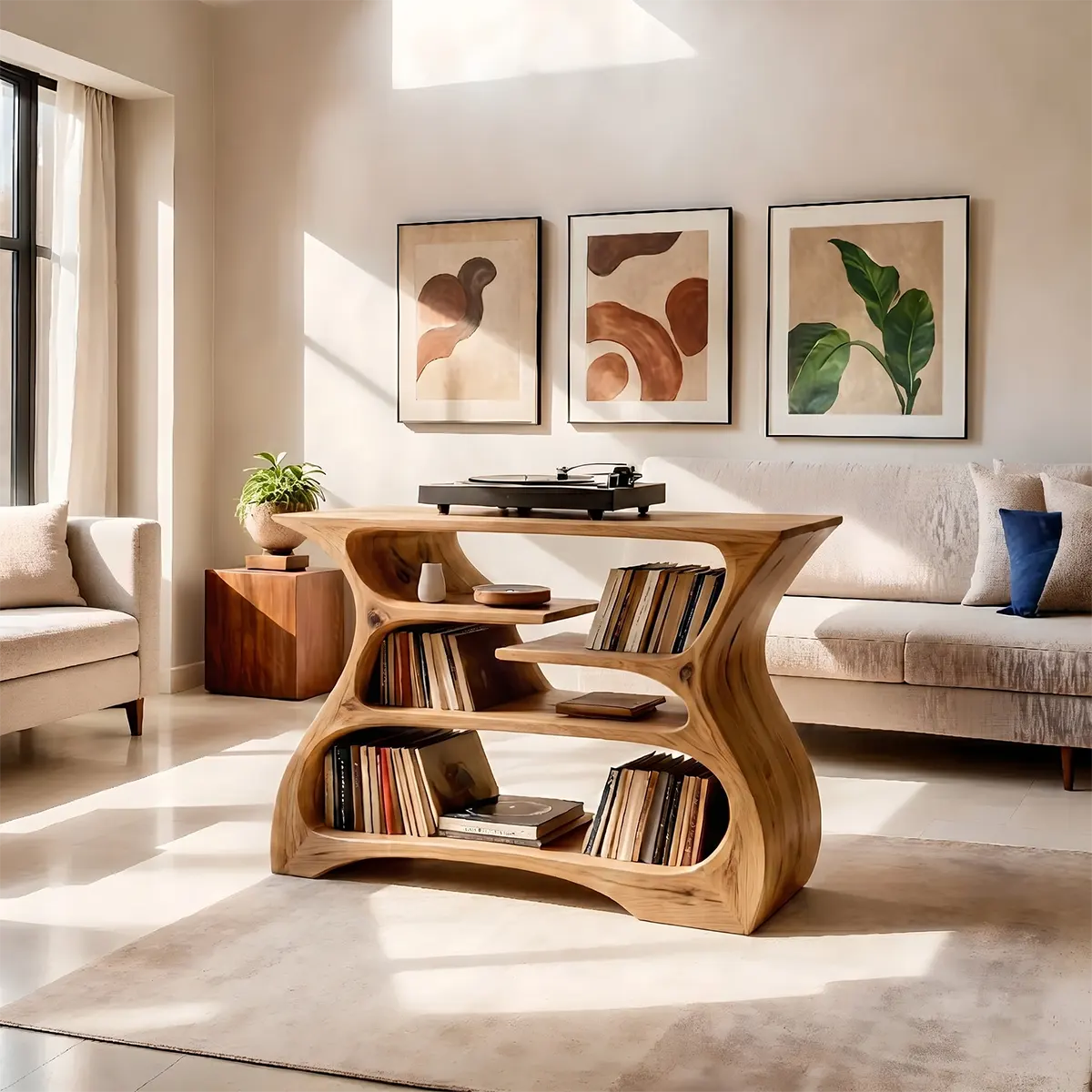 Solid Wood Record Player Stand, Modern Curved Turntable Cabinet with Vinyl Storage