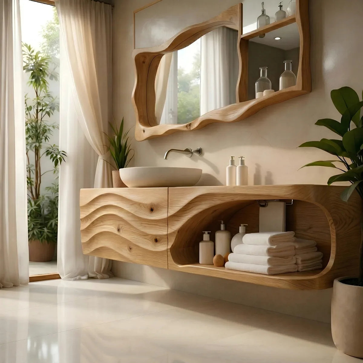 Floating Solid Wood Bathroom Vanity with Sculpted Wave Front and Open Shelf