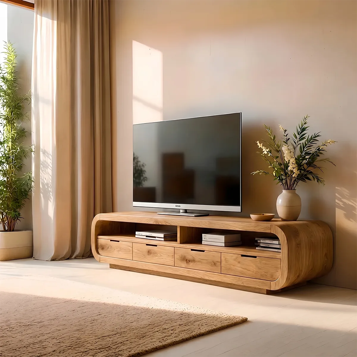 Modern Solid Wood Rounded TV Stand with Drawers