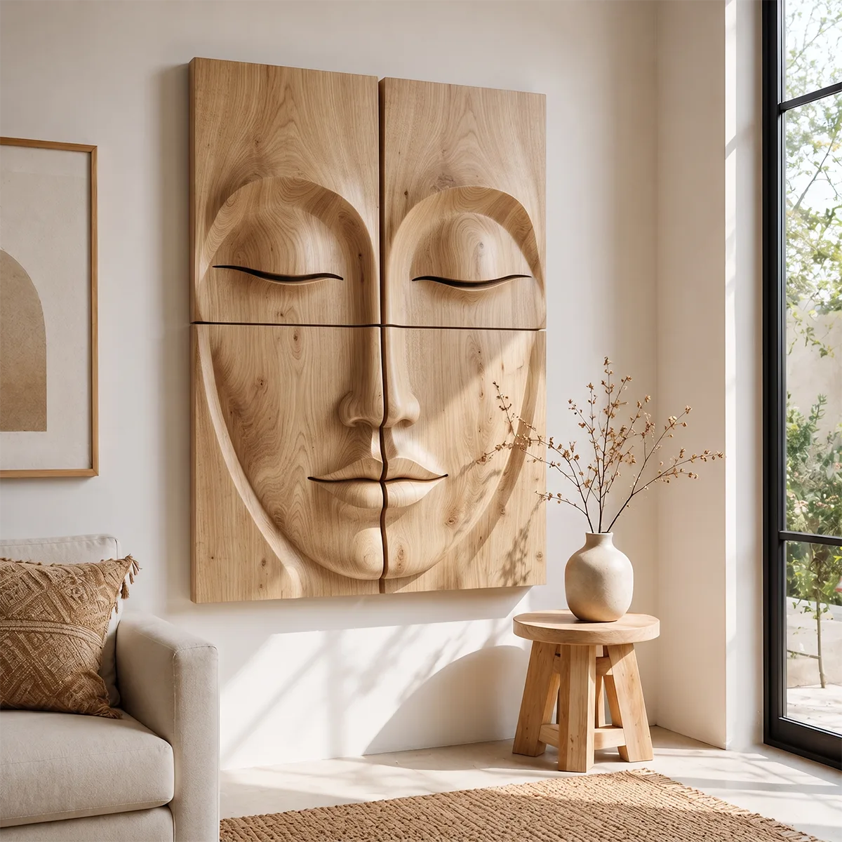 Zen Wooden Buddha Face Wall Art | Large 4 Panel Wood Wall Sculpture TT006-7173