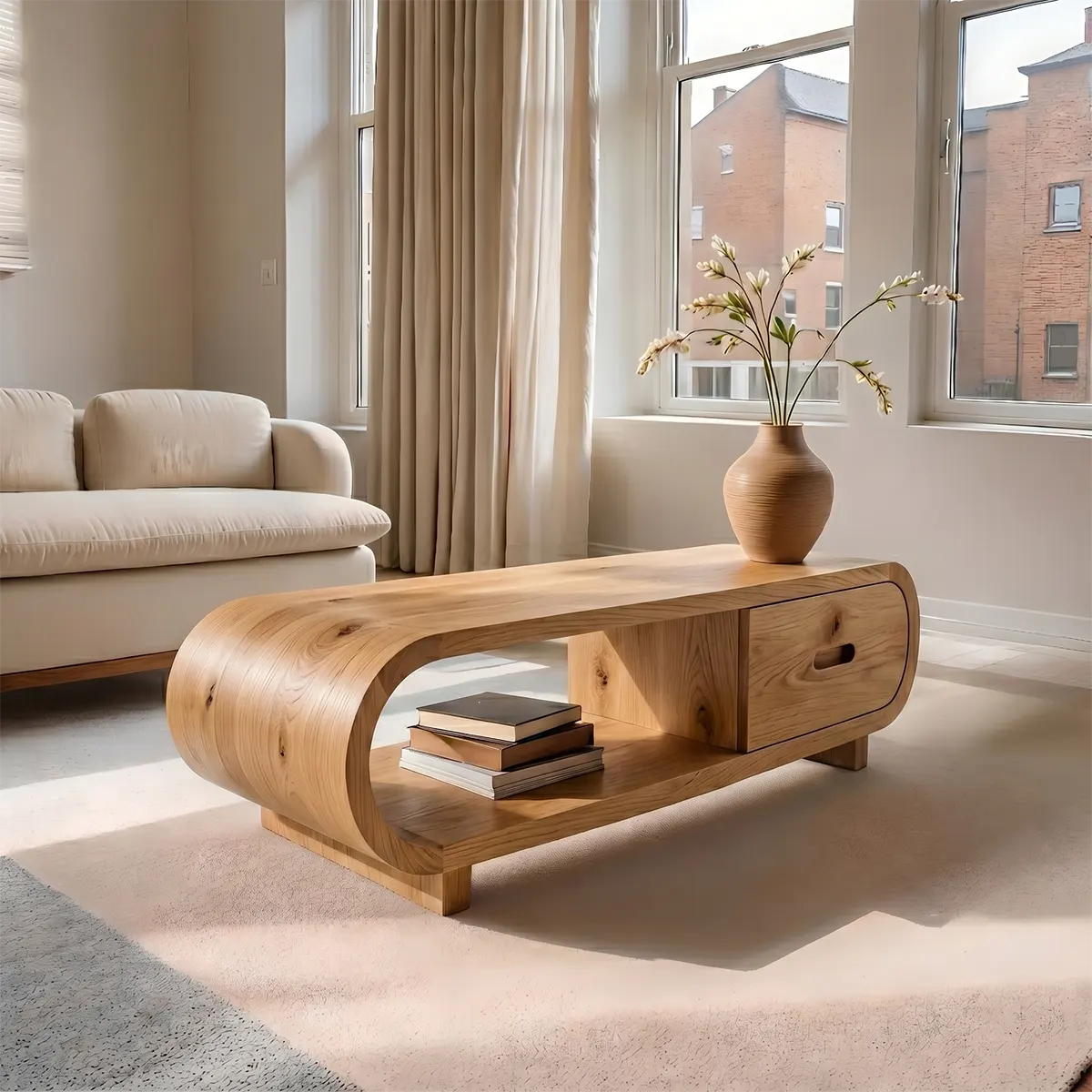 Handcrafted Solid Wood Coffee Table with Oval Silhouette and Storage Drawer