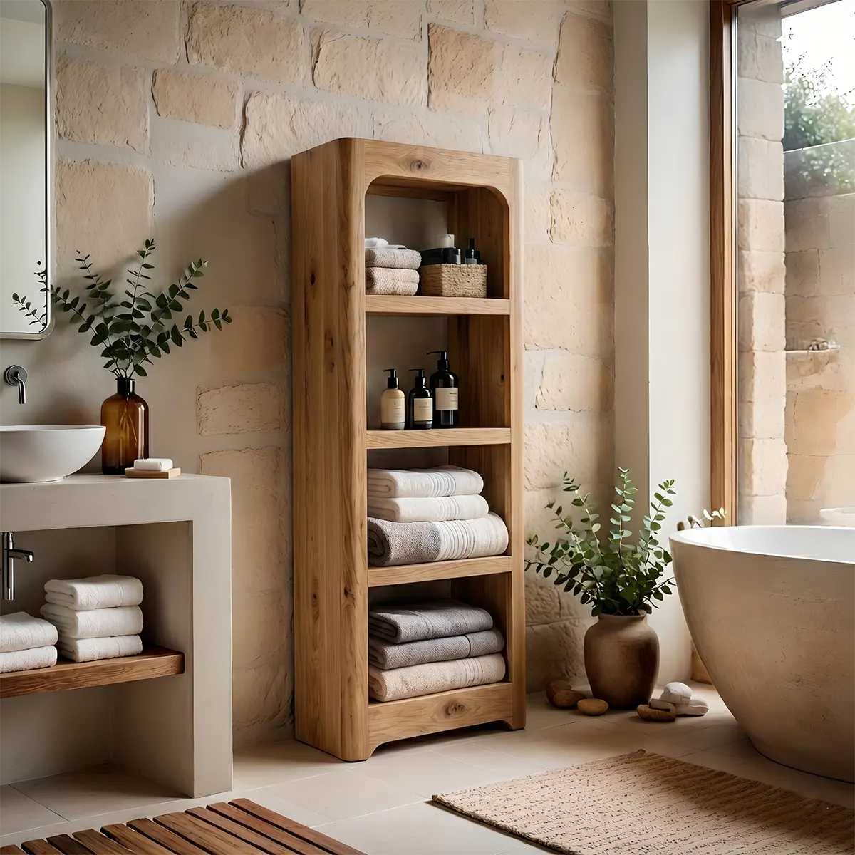Tall Solid Wood Open Shelf Bathroom Storage Cabinet
