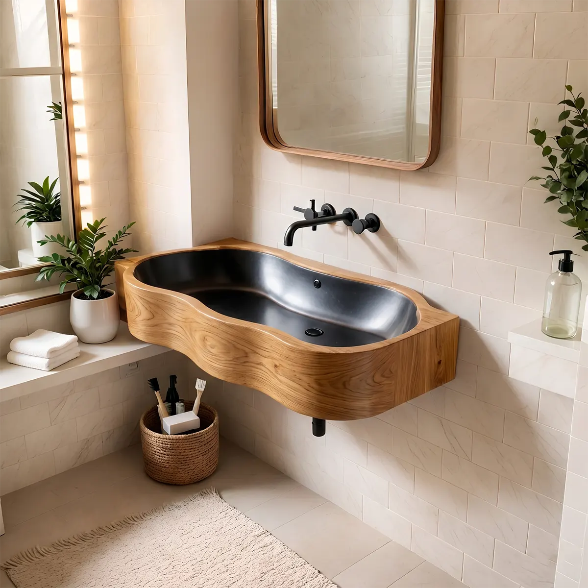 Asymmetrical Floating Bathroom Sink | Deep Integrated Basin with Curved Profile TT006-3CBC6LX