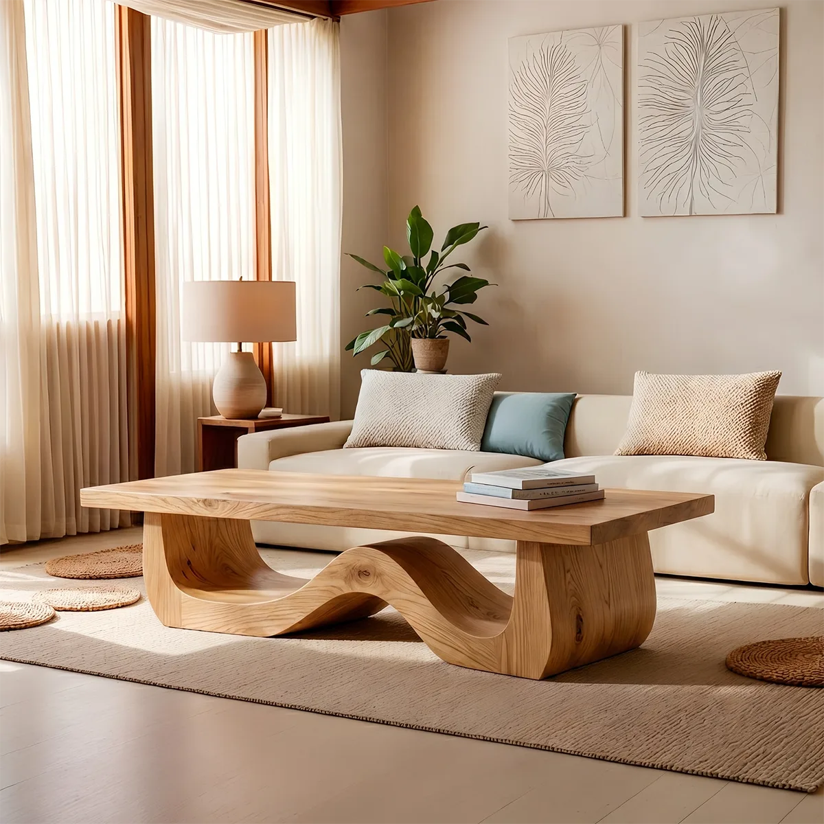 Sculptural Solid Wood Coffee Table – Handcrafted Modern Wave Base Table