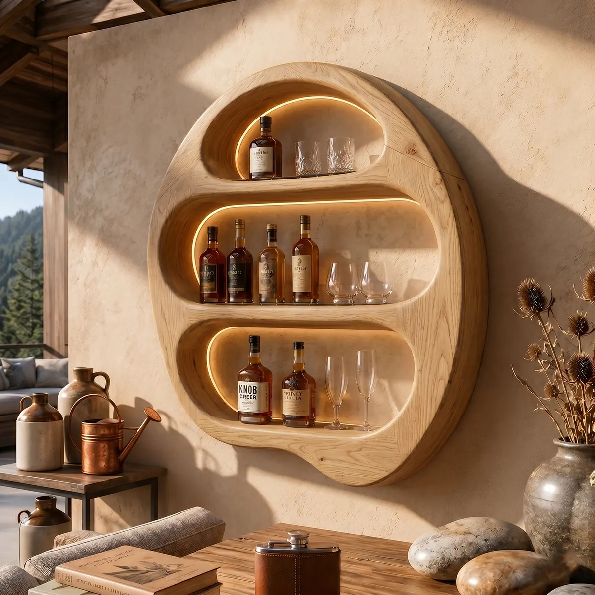 Sculptural Solid Wood Wall Wine Holder for Home Bars, Dining Rooms TT006-9525