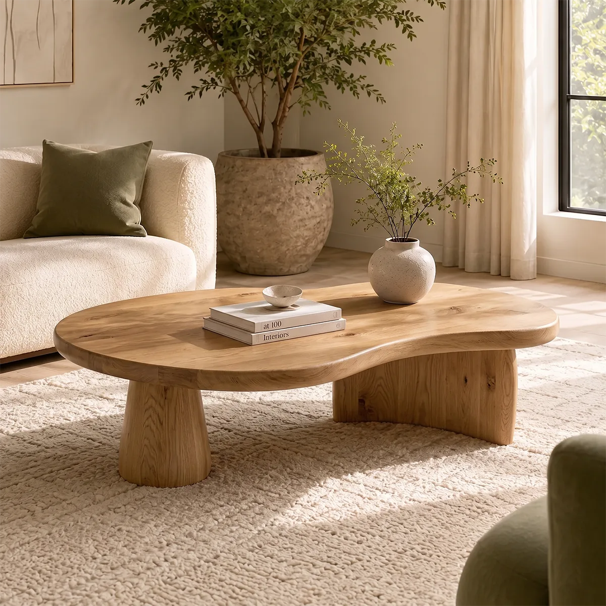 Organic Solid Wood Coffee Table | Freeform Hardwood Coffee Table with Sculptural Pedestal Base TT006-7466