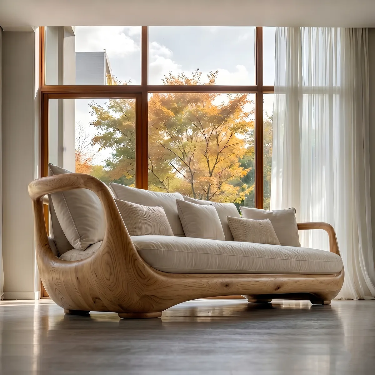 Luxury Organic Modern Curved Solid Wood Sofa with Sculptural Design