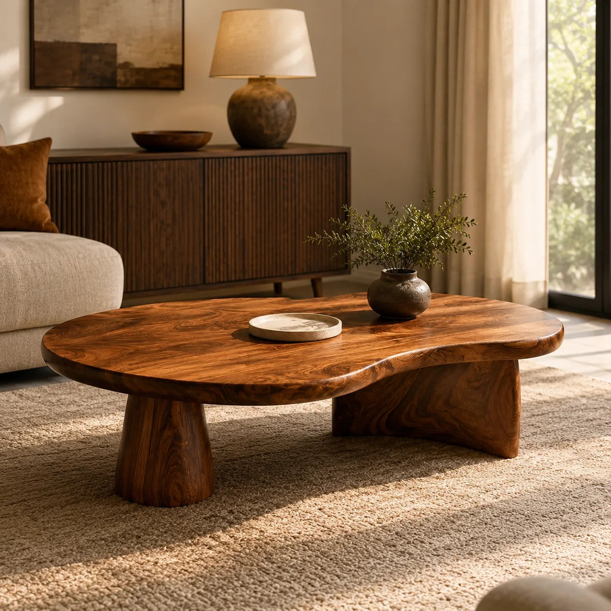 Organic Solid Wood Coffee Table | Freeform Hardwood Coffee Table with Sculptural Pedestal Base TT006-7466