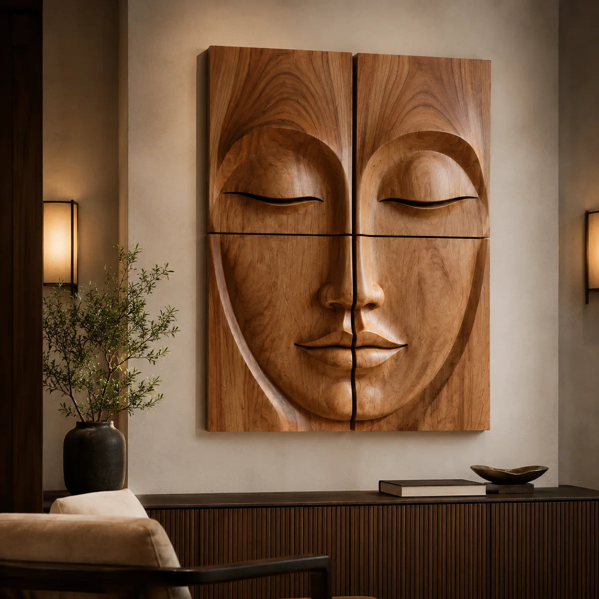 Zen Wooden Buddha Face Wall Art | Large 4 Panel Wood Wall Sculpture TT006-7173