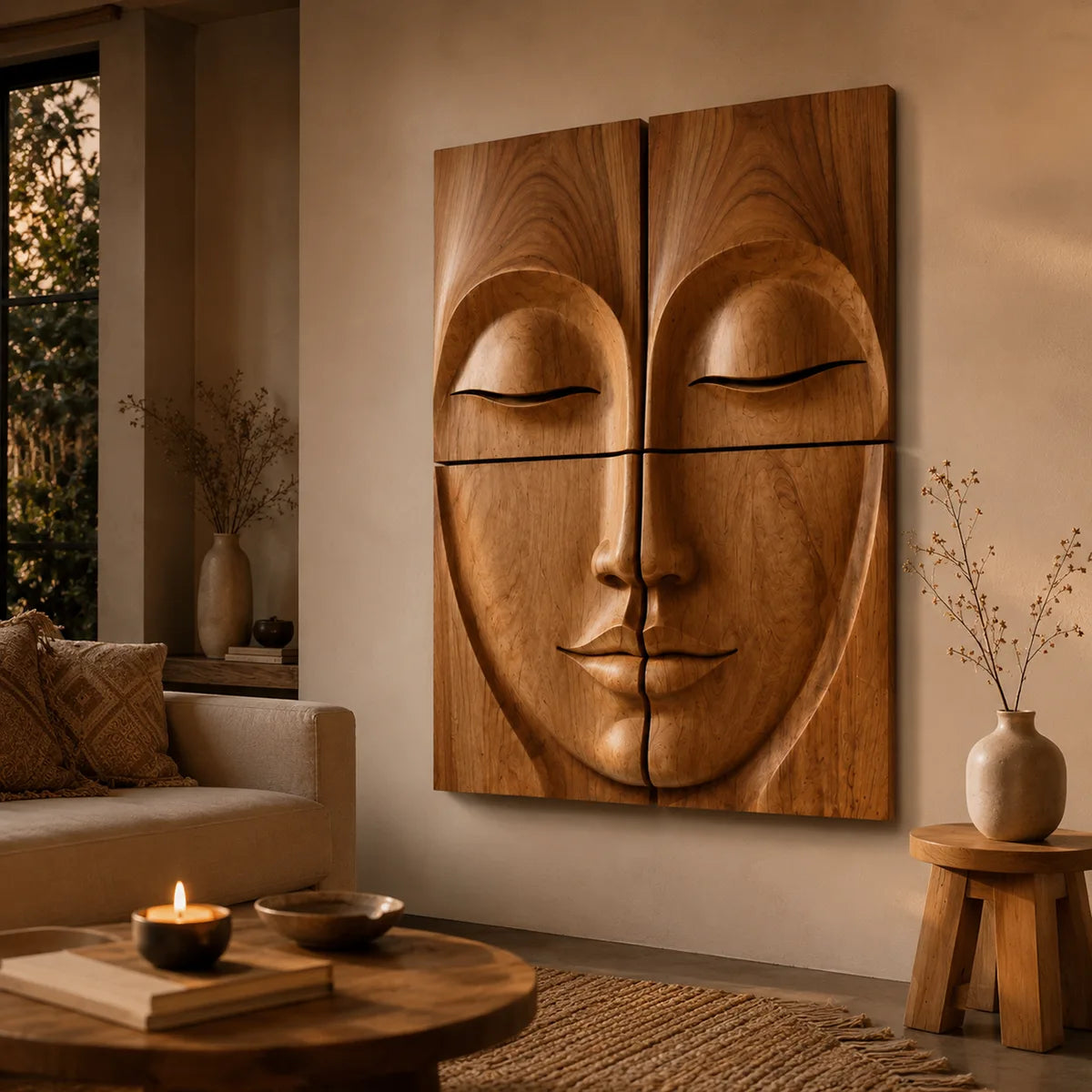Zen Wooden Buddha Face Wall Art | Large 4 Panel Wood Wall Sculpture TT006-7173