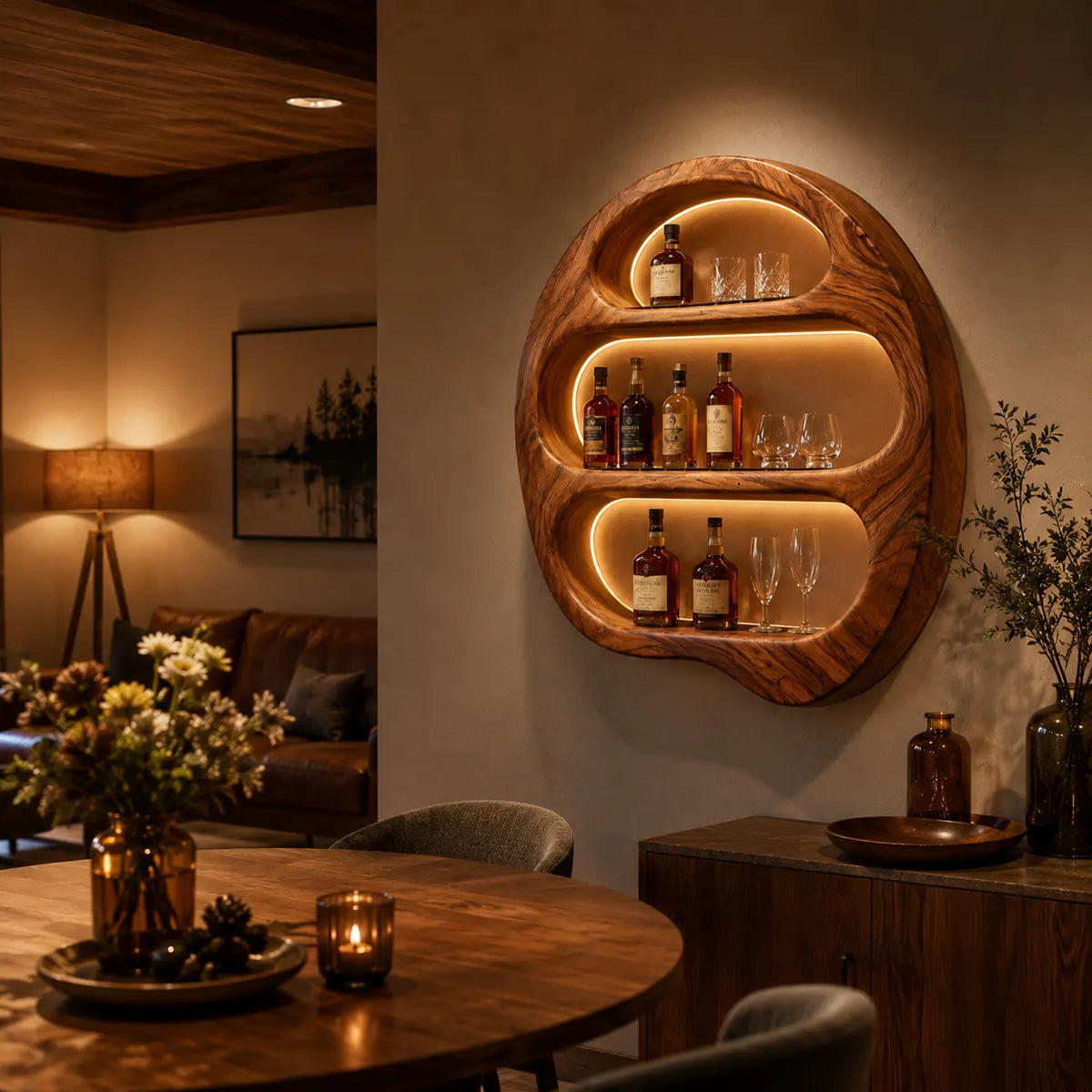 Sculptural Solid Wood Wall Wine Holder for Home Bars, Dining Rooms TT006-9525
