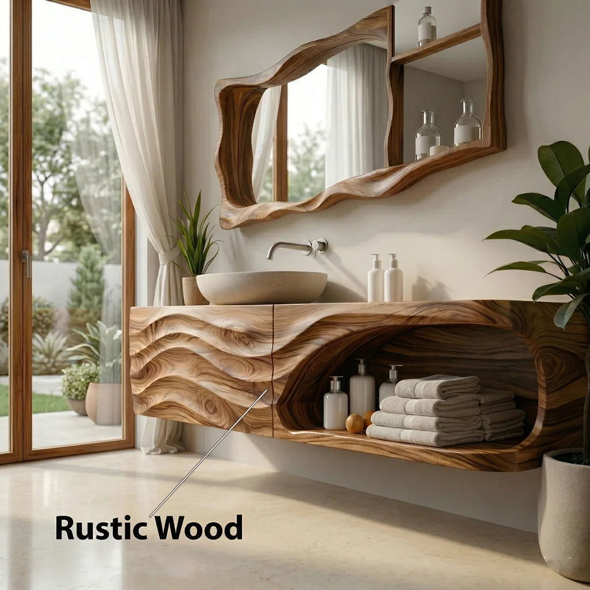 Floating Solid Wood Bathroom Vanity with Sculpted Wave Front and Open Shelf