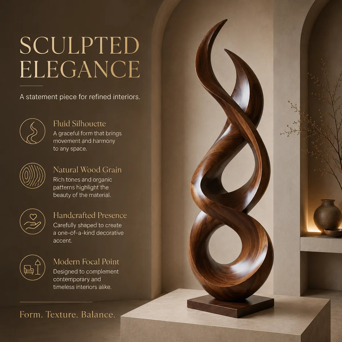Handcrafted Solid Wood Infinity Floor Sculpture – Modern Organic Living Room Decor TT006-3990