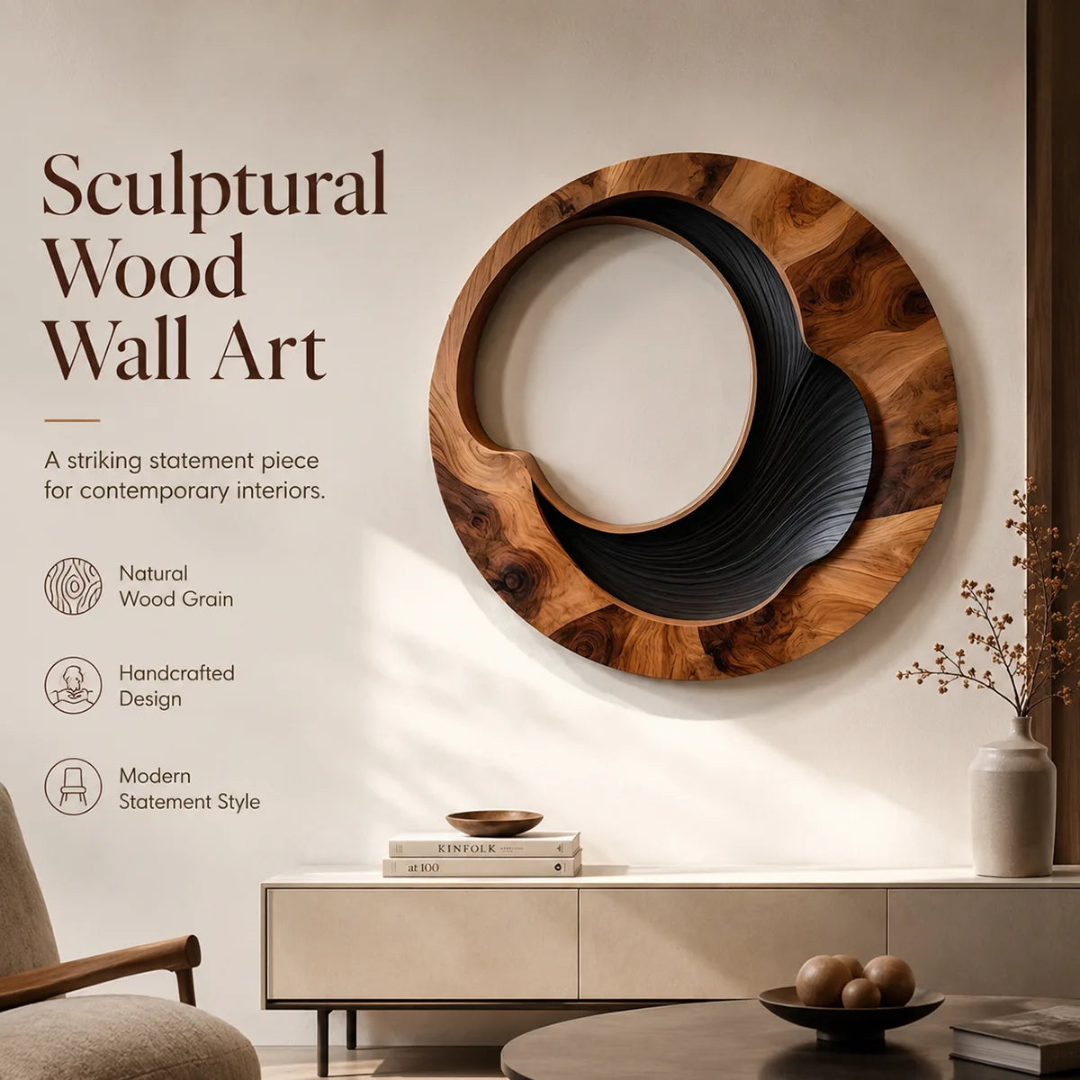 Abstract Circular Wave Wood Wall Art | Large Round Modern Wooden Wall Sculpture TT006-9034