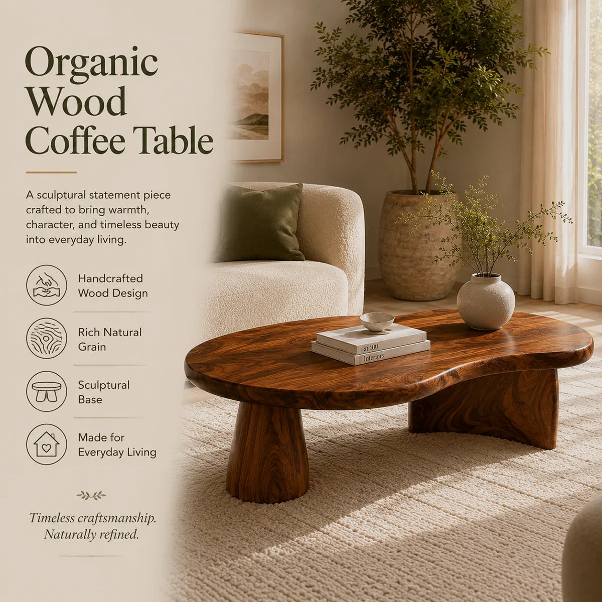 Organic Solid Wood Coffee Table | Freeform Hardwood Coffee Table with Sculptural Pedestal Base TT006-7466