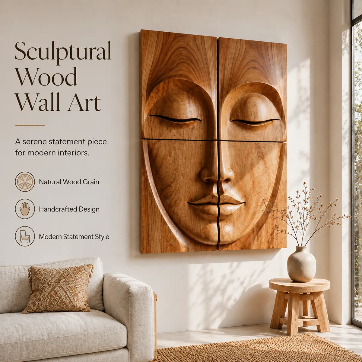 Zen Wooden Buddha Face Wall Art | Large 4 Panel Wood Wall Sculpture TT006-7173