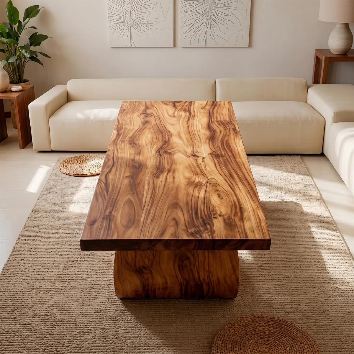 Sculptural Solid Wood Coffee Table – Handcrafted Modern Wave Base Table