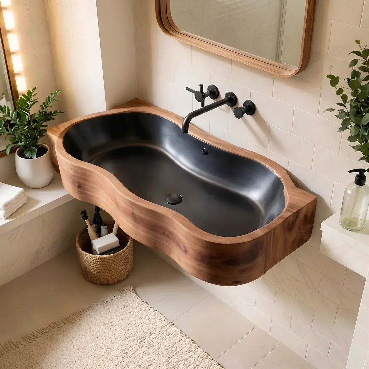 Asymmetrical Floating Bathroom Sink | Deep Integrated Basin with Curved Profile TT006-3CBC6LX