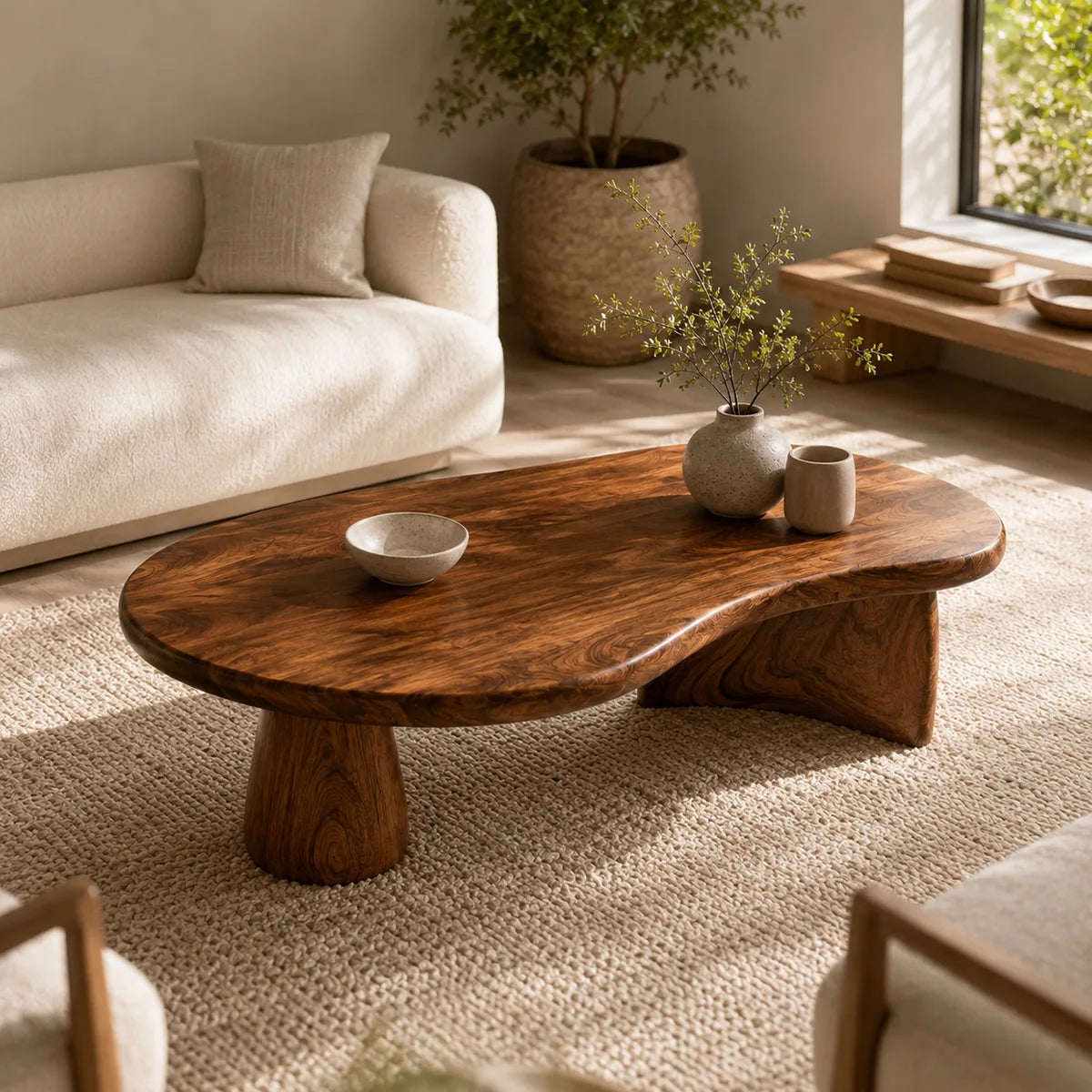 Organic Solid Wood Coffee Table | Freeform Hardwood Coffee Table with Sculptural Pedestal Base TT006-7466