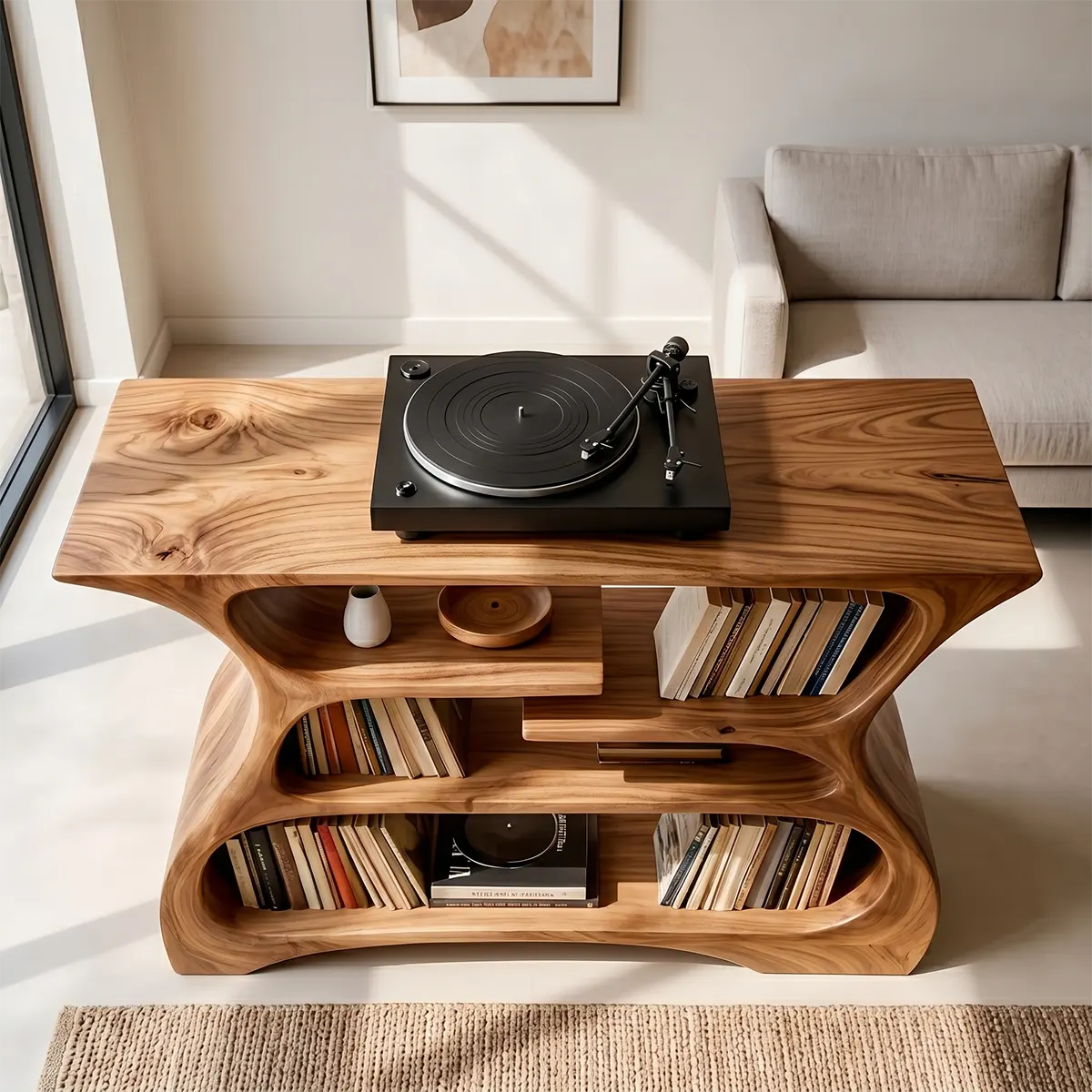 Solid Wood Record Player Stand, Modern Curved Turntable Cabinet with Vinyl Storage