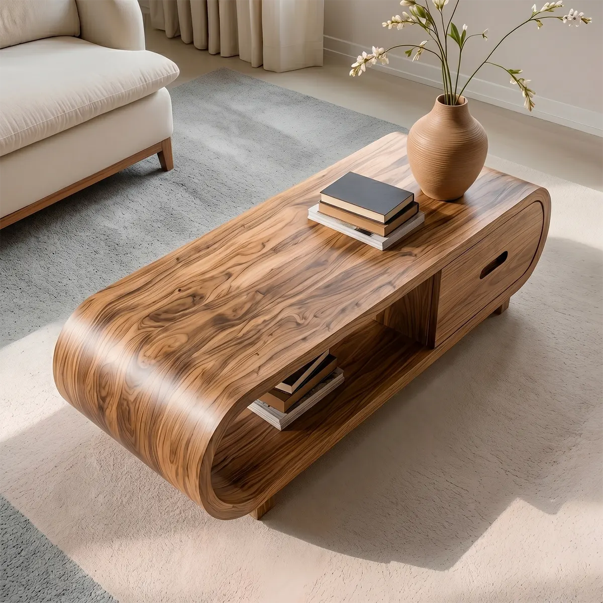 Handcrafted Solid Wood Coffee Table with Oval Silhouette and Storage Drawer
